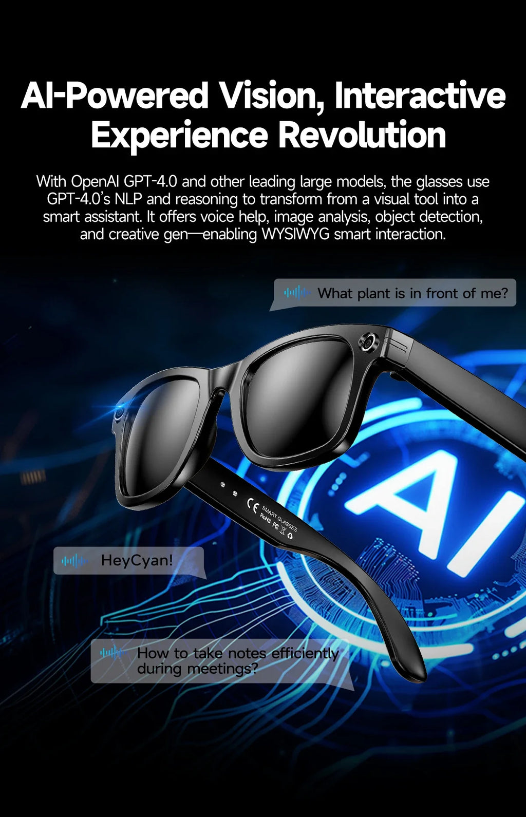 TOP 1 for Meta AI Smart Glasses 13MP Camera Video Recording 100+ Languages Translation Sunglasses Bluetooth Call Music Play