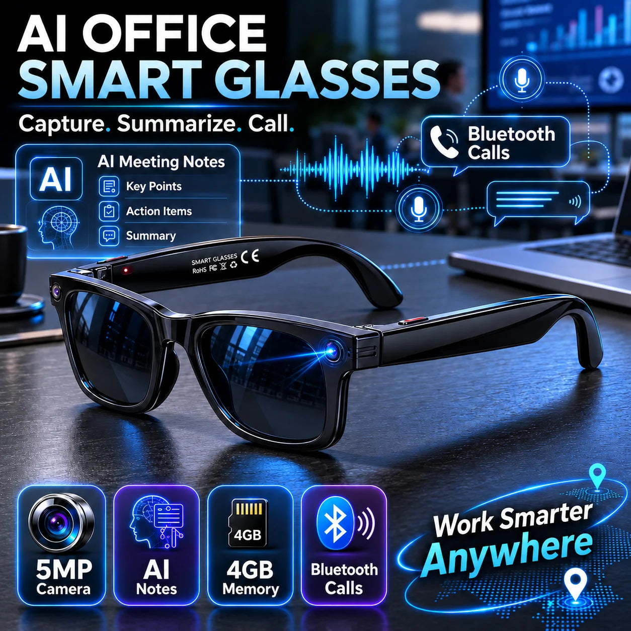 AI 5 Million Pixels Smart Glasses Recording Videos Photo Recognition Answer Translation 290mAh IP66 Waterproof Bluetooth Glasses