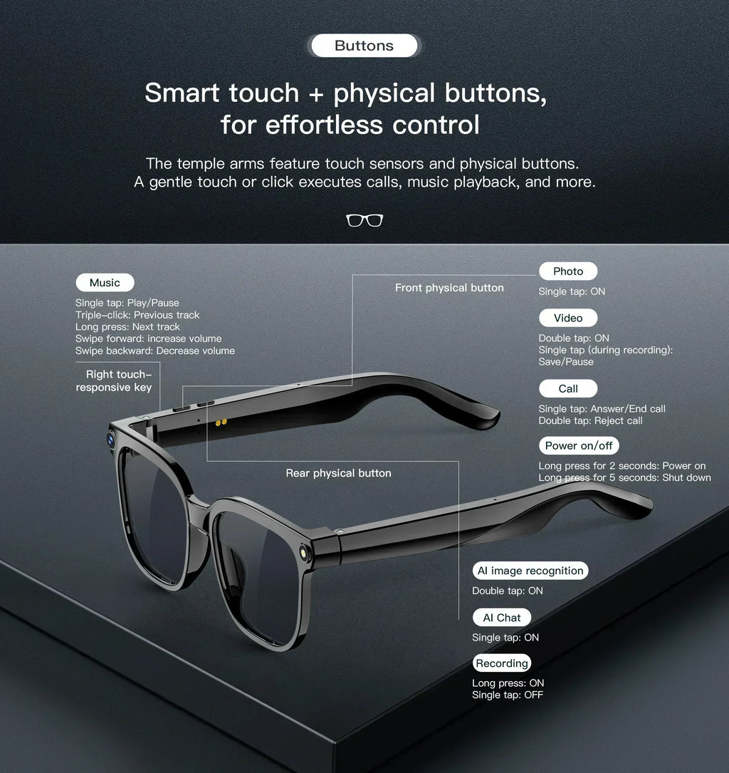AI Smart Assistant Smart Glasses 2026 New IP65 Waterproof 800W HD Camera Support Photo Video Recording AI Translation Function