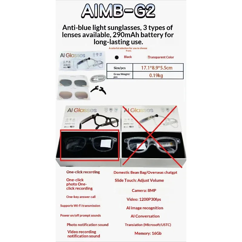 2025 AI Smart Glasses - 8MP Camera for First-Person Vlog, Voice Translation, Music & Calls, IP65 Waterproof, Ultra-Light