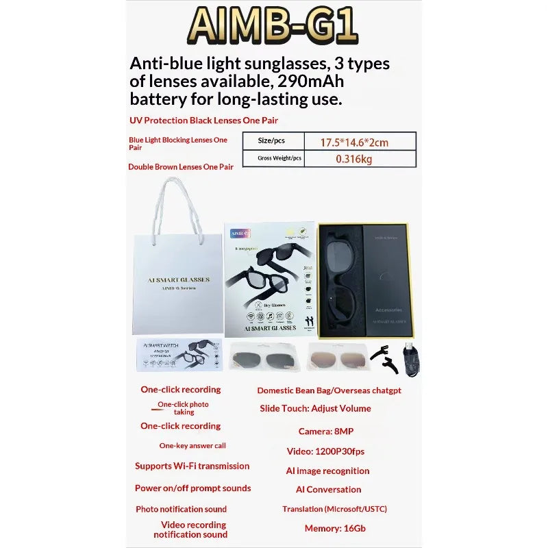 2025 AI Smart Glasses - 8MP Camera for First-Person Vlog, Voice Translation, Music & Calls, IP65 Waterproof, Ultra-Light