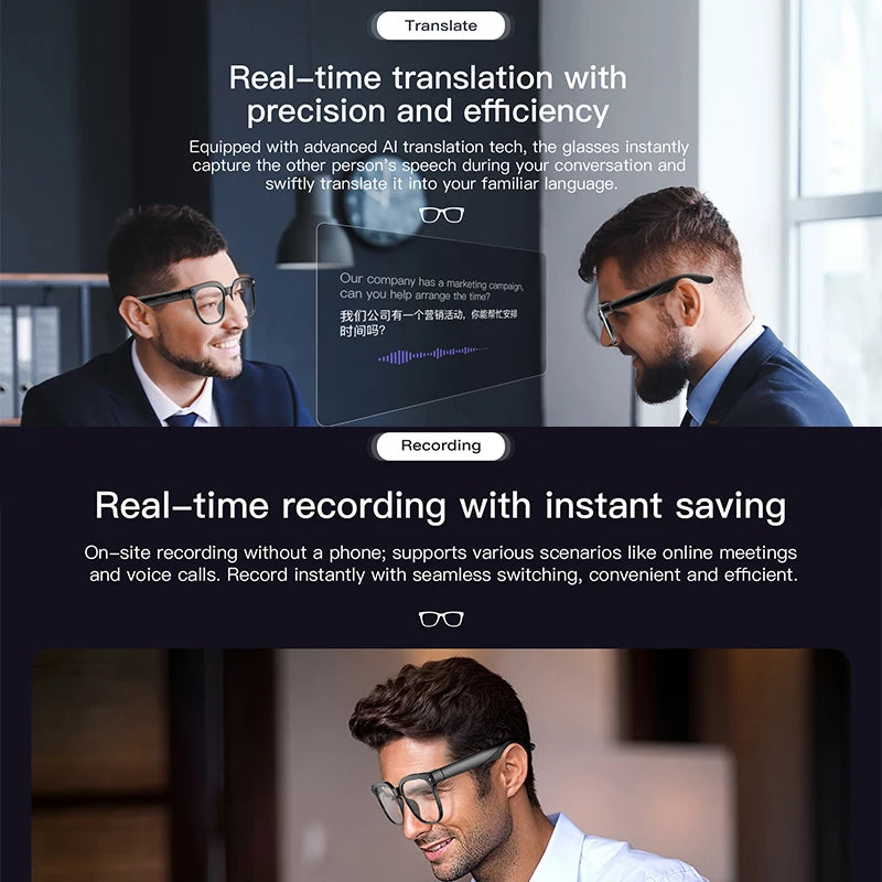 AI Smart Assistant Smart Glasses 2026 New IP65 Waterproof 800W HD Camera Support Photo Video Recording AI Translation Function