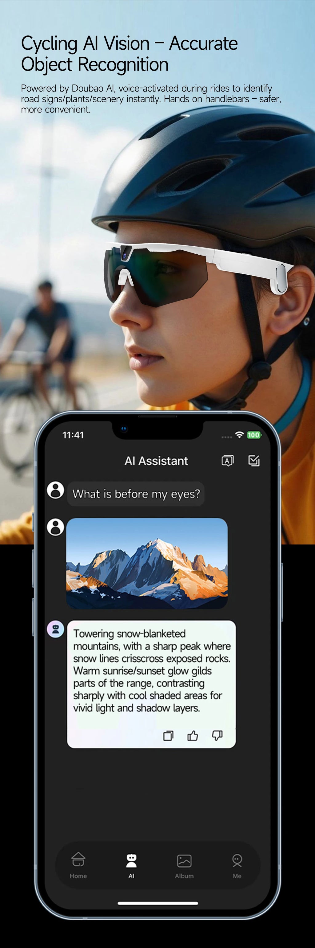 New AI smart glasses for outdoor cycling featuring an 800p camera and a compact, high-definition anti-shake action camera