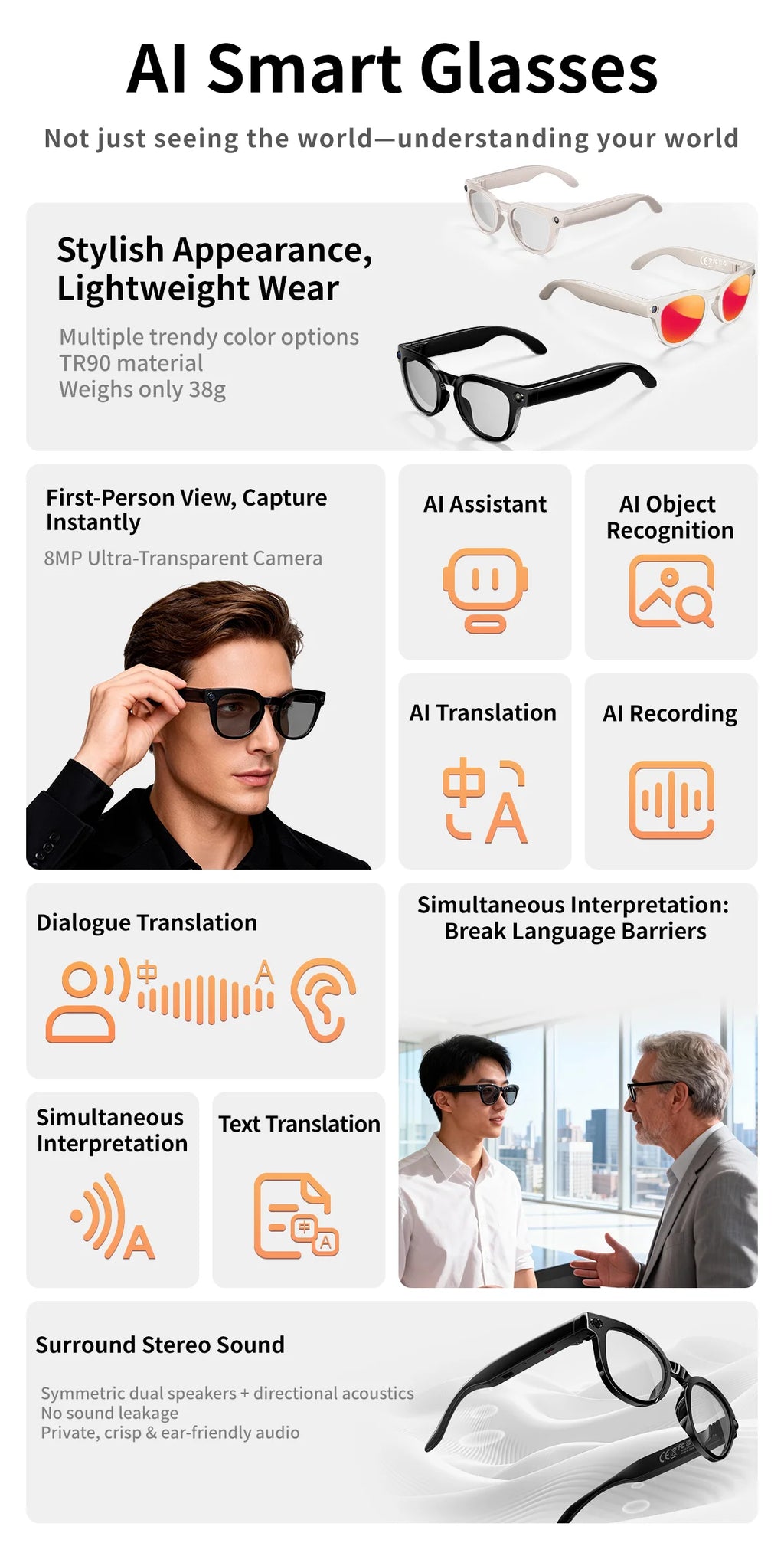 2026 AI Smart Glasses 800W Pixel Camera Translation Glasses Photo Video Recording Bluetooth 5.4 Call Waterproof Smart Sunglasses