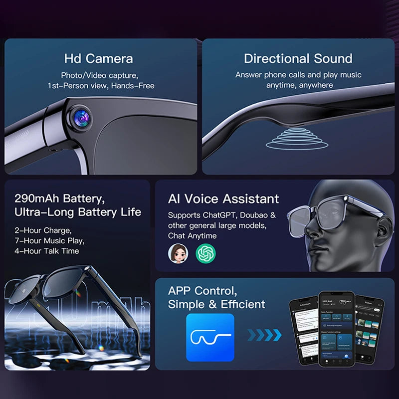 AI Smart Assistant Smart Glasses 2026 New IP65 Waterproof 800W HD Camera Support Photo Video Recording AI Translation Function