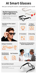 2026 AI Smart Glasses Translation Glasses 800W Pixel Camera Photo Video Recording WIFI Bluetooth 5.4 Waterproof Smart Sunglasses