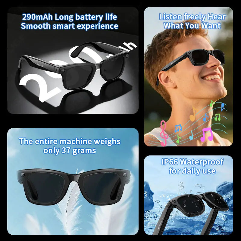 AI 5 Million Pixels Smart Glasses Recording Videos Photo Recognition Answer Translation 290mAh IP66 Waterproof Bluetooth Glasses