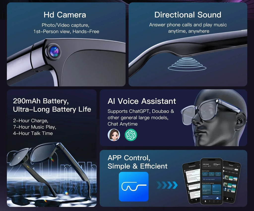 AI Smart Assistant Smart Glasses 2026 New IP65 Waterproof 800W HD Camera Support Photo Video Recording AI Translation Function