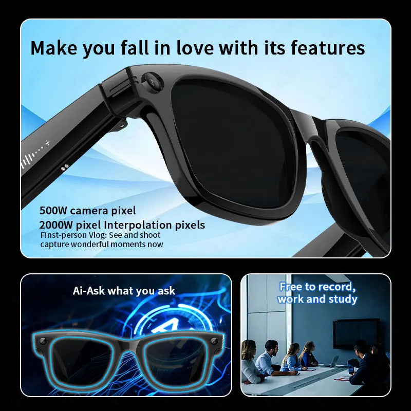 AI 5 Million Pixels Smart Glasses Recording Videos Photo Recognition Answer Translation 290mAh IP66 Waterproof Bluetooth Glasses